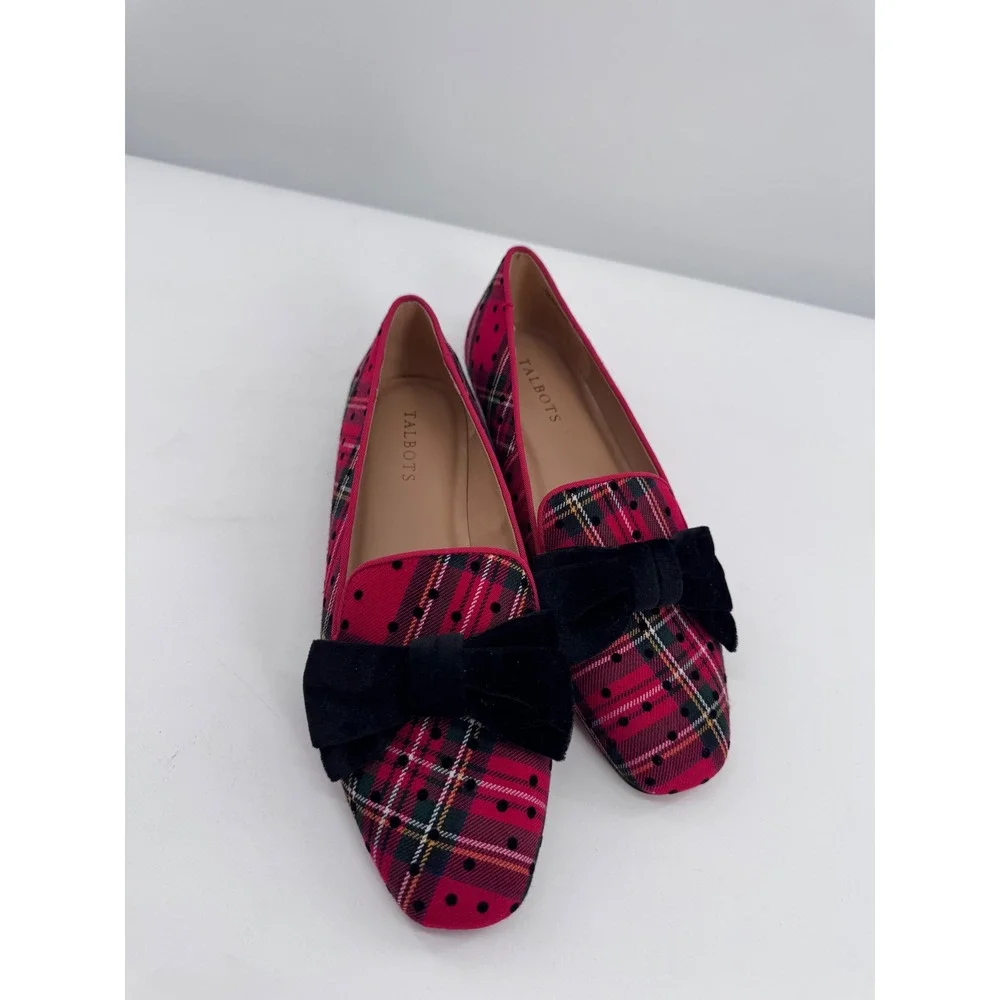Talbots Ryan Loafers Women 9M Red Plaid Polka Dot Velvet Bow Flat Shoes
